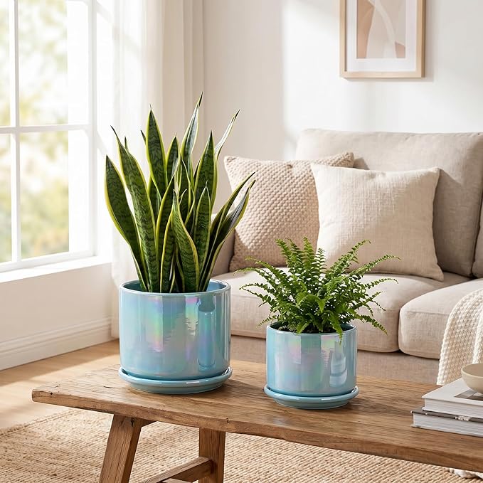 EFISPSS Ceramic Planter 4+5+6 Inch Ceramic Flower pots for Indoor Plants with Drainage,for Succulent Cactus,Garden Planters,Modern Decorative for Home Blue Pearl Glaze Plant Pots