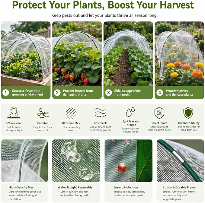 Garden Netting Kit for Raised Beds,10x33ft Ultra Fine Insect Netting Garden Bed Covers & 6 Sets of 8ft Fiberglass Garden Hoops (8 Sets Garden Hoops with White10x33ft Garden Netting)