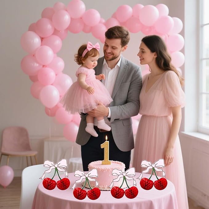 3D Cherry Bow Honeycomb Decorations, 4-Pcs 12 Inch Large Cherry Table Decorations and Cherry On Top Centerpieces, Cherry Decoration for Birthdays Party, Baby Shower & Home Cherry Decorations