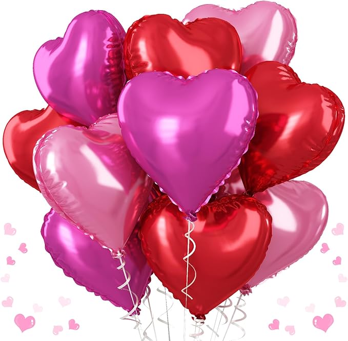 Hot Pink Foil Heart Balloons, 12 Pcs 18 Inch Mylar Heart Shaped Pink & Red Party Decoration for Birthdays, Weddings, Anniversaries, Valentine's Day