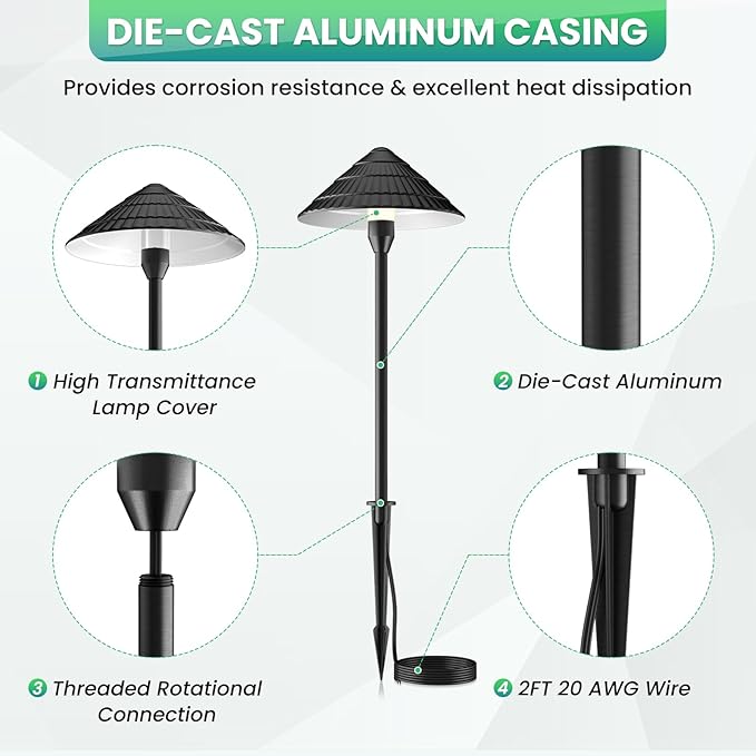 ZZXX LED Low Voltage Pathway Lights 5W 2700K LED Outdoor Landscape Lighting with Photocell 12-24V Cast-Aluminum Low Voltage Lights IP66 Waterproof Landscape Spotights for Path Garden Yard,12 Pack