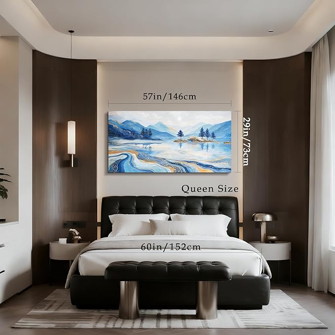 SERIMINO Extra Large Wall Art, Blue Wall Art, Mountain Wall Decor, Abstract Lake Landscape Prints Decoration, Modern Nature Aesthetic Pictures for Living Room Bedroom Dining Room Hotel House 29"x57"