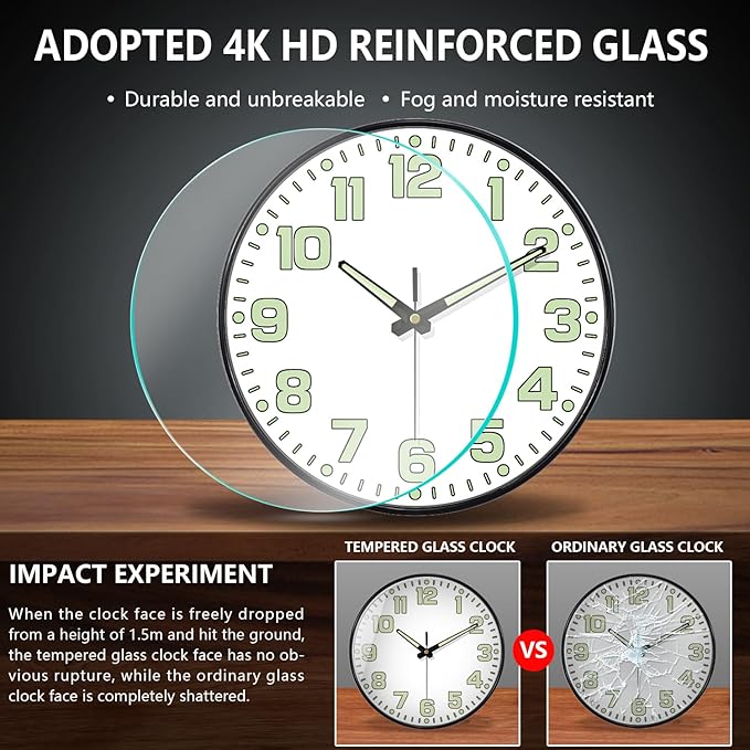 12 Inch Silent Wall Clocks Battery Operated, Glow in The Dark Wall Clock