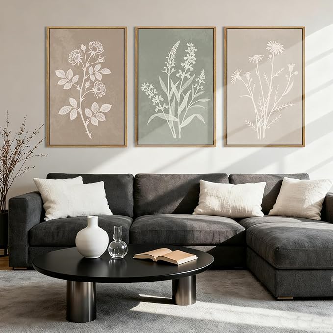 Anyzal Boho Floral Framed Wall Art 12x16 Inch,Farmhouse Flower Botanical Canvas Wall Decor,Retro Floral Art Print,Minimalist Wildflower Boho Plant Artwork for Living Room Bedroom Dining Room Set of 3