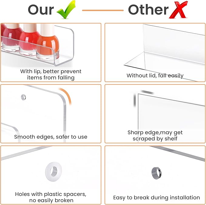 upsimples 6 Pack Clear Acrylic Shelves, 1.7" x12" Clear Wall Shelves