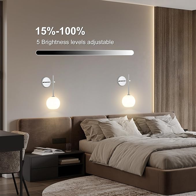 Chrome Battery Operated Wall Sconces Set of 2, Rechargeable Wireless Wall Lights
