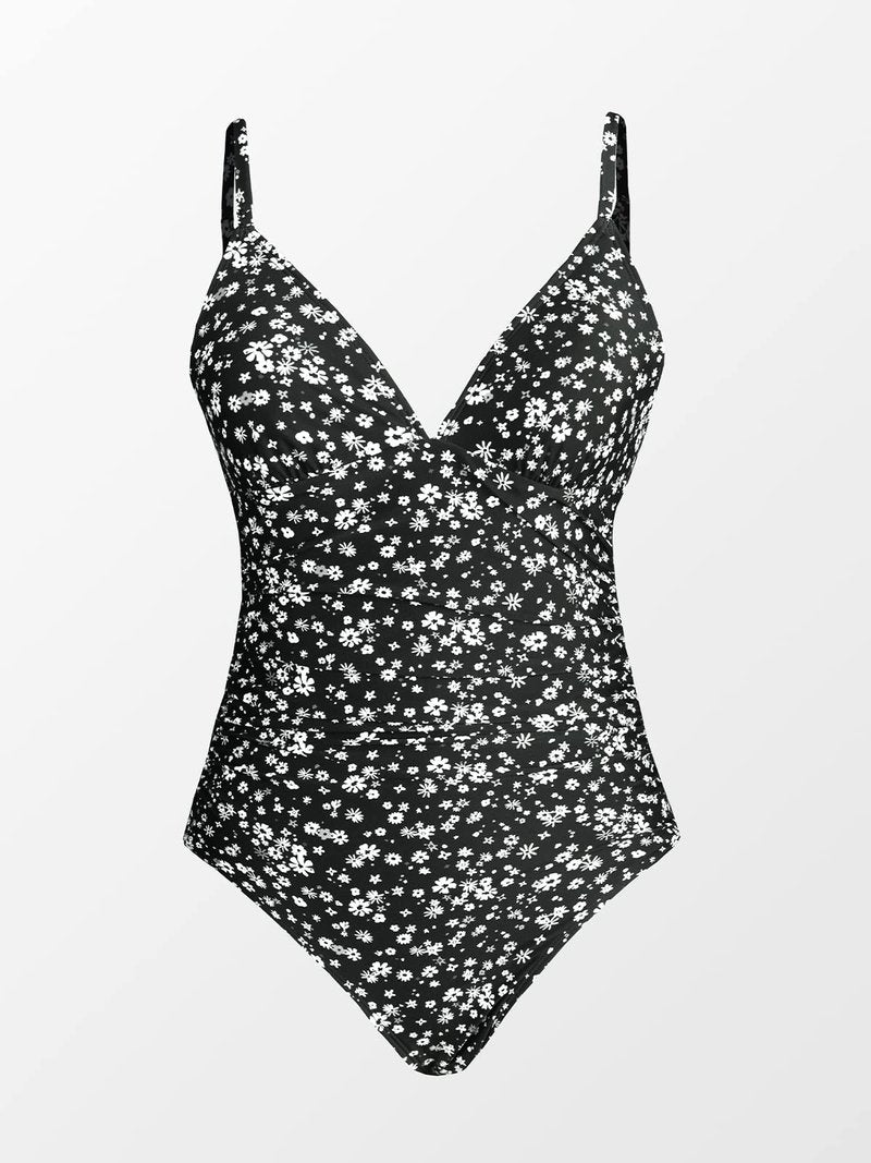 CUPSHE Womens Swimwear One Piece Swimsuit Bathing Suits Floral Deep V Neck Tummy Control Low Back Adjustable Straps, X-Large, Black Floral
