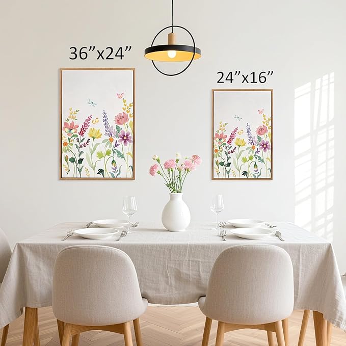 CHDITB Colorful Floral Framed Wall Art, Watercolor Flowers Wall Decor, Butterfly Flower Pictures Minimalist Wildflower Painting, Modern Home Art Prints for Girls Bedroom Living Room Office 24"x36"x3