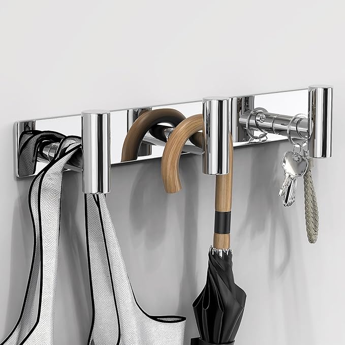 VAEHOLD Hat and Coat Wall Mount Rack - Hooks for Robes, Bags, Keys, and Towels - Bathroom Towel Hanger Organizer (Polished Chrome, “T“ Shape 3 Hooks 2 Pack)