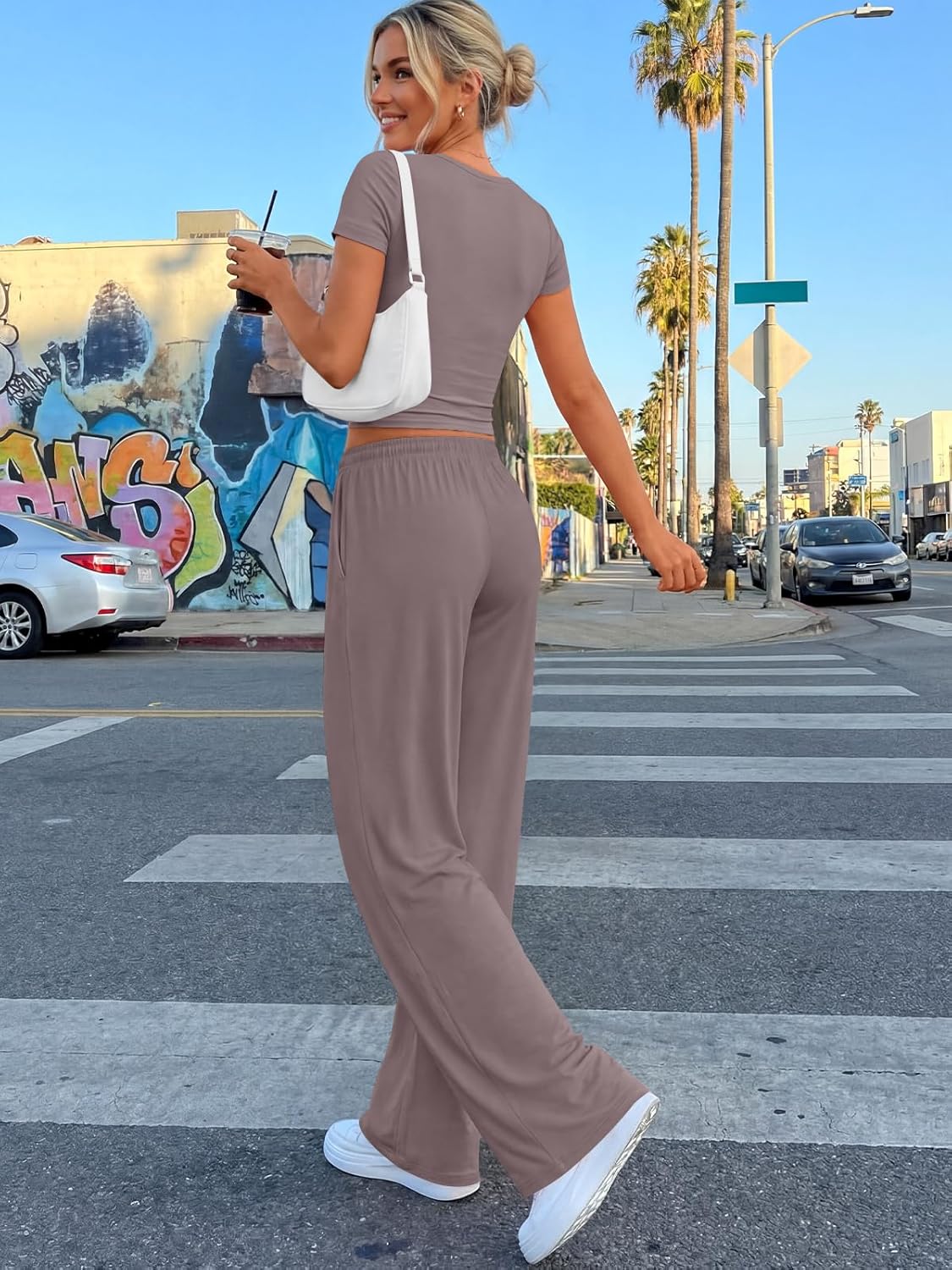 Trendy Queen 2-Piece Summer Lounge Set - Women's Side Ruching Top & Wide Leg Pants with Pockets