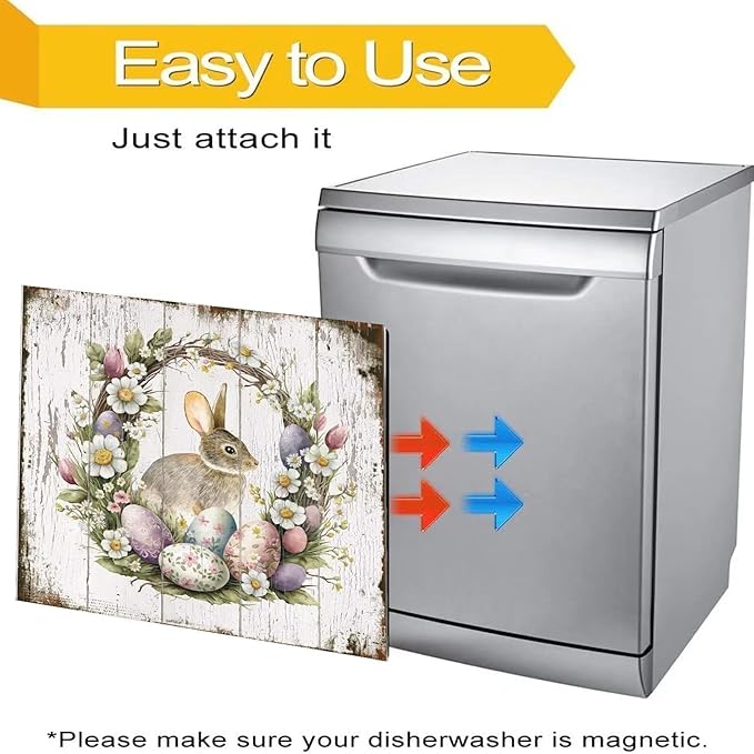 Easter Bunny Dishwasher Full Door Magnetic Sticker Home Appliances, Easter Eggs Refrigerator Magnet Skin Cover, Spring Wreath Magnetic Dishwasher Panel Cover - (23" x 17" Magnetic)
