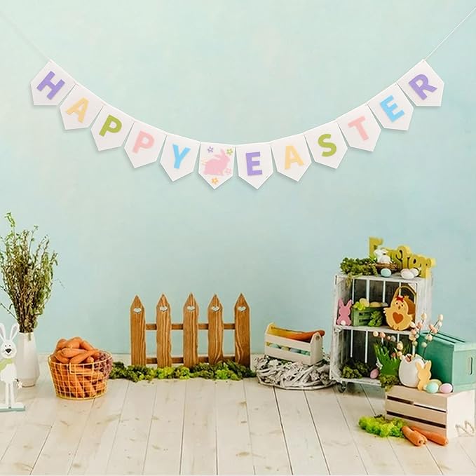 Felt Happy Easter Banner - Pastel Happy Easter Garland, Easter Bunny Bunting, Easter Decoration for Mantel, Wall