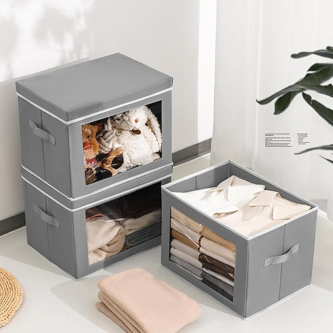 Storage Bins with Lids, 3 Pack Large Storage Cubes with Window, Closet Bins with Lids & Handles, Fabric Box for Organizing Clothes, Towels, Books, Grey