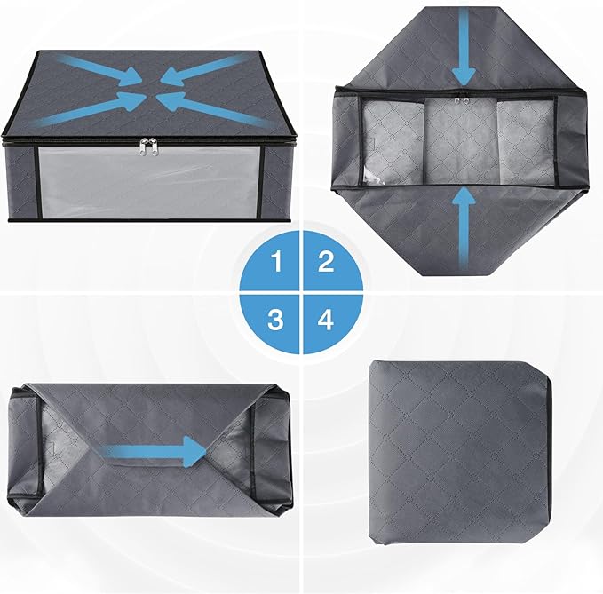 HomeHacks Storage 10-Pack Clothes Organizer Storage Bags Foldable Storage Box with Large Clear Window Sturdy Handles for Closet, Dorm, Pillows, Bedding, Clothes, Blankets, 35L, Grey