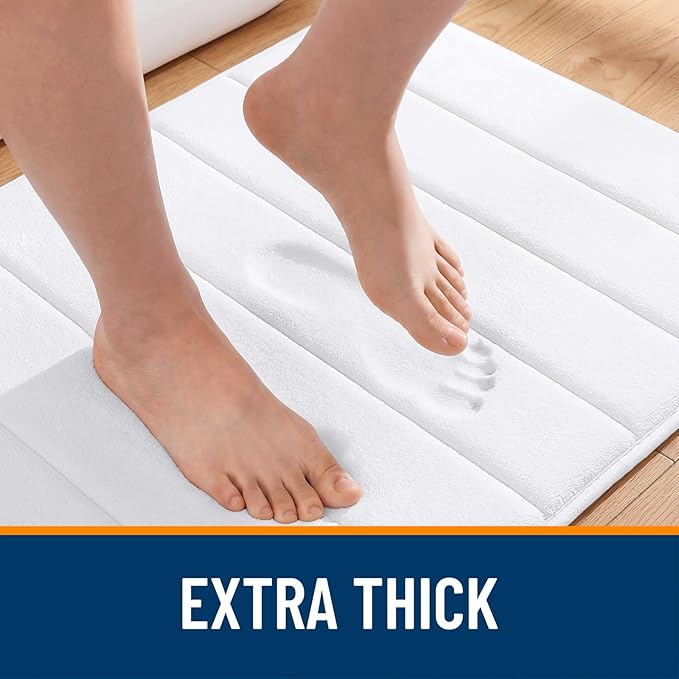 OLANLY Memory Foam Bath Mat 44x24, Super Soft Absorbent Bathroom Rugs, Quick Dry, Machine Washable Shower Floor Rugs, Bathmat Carpet, Bathroom Home Decor Accessories, White