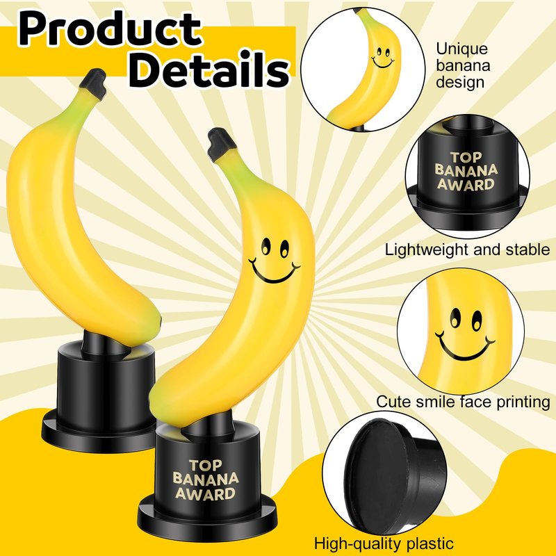 Tondiamo 12 Pcs Top Banana Award Trophy Plastic Cute Fun Award Trophy Smiling Yellow Banana on Black Stand Funny Trophies Gifts