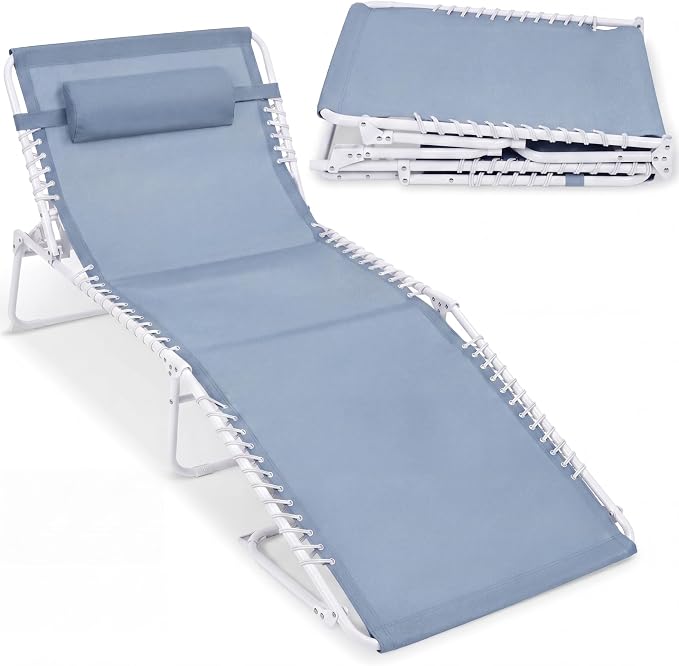 Best Choice Products Extra Wide Patio Chaise Lounge Chair, Portable Outdoor Folding Recliner for Lawn, w/ 8 Positions, Handles, 440lb Capacity - French Blue/White