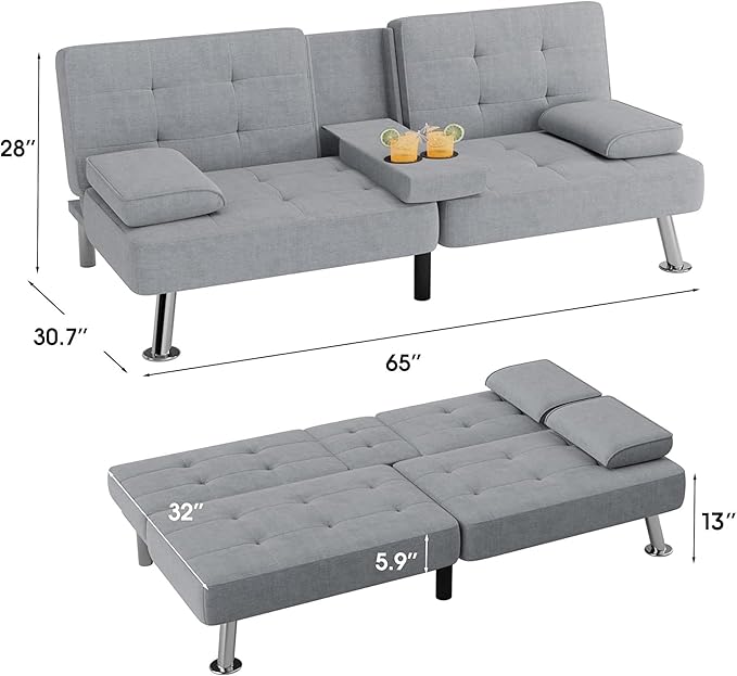 Flamaker Futon Sofa Bed Modern Folding Futon Set Linen Fabric Convertible Recliner Lounge for Living Room with 2 Cup Holders, Removable Armrests (Fabric, Light Grey)