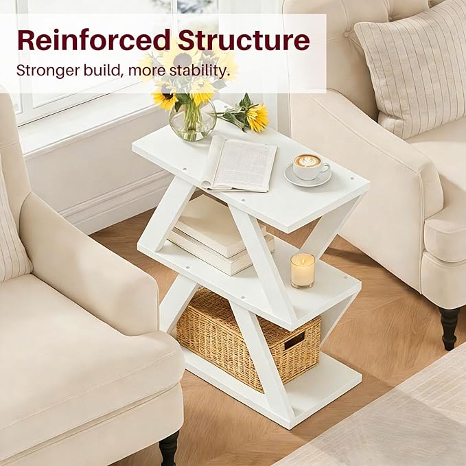 3 Tier Side Table with Side Guard Rails & Anti-Slip Pads, Narrow End Table for Small Spaces, Slim Nightstand with Storage Shelves for Bedroom, Living Room, White