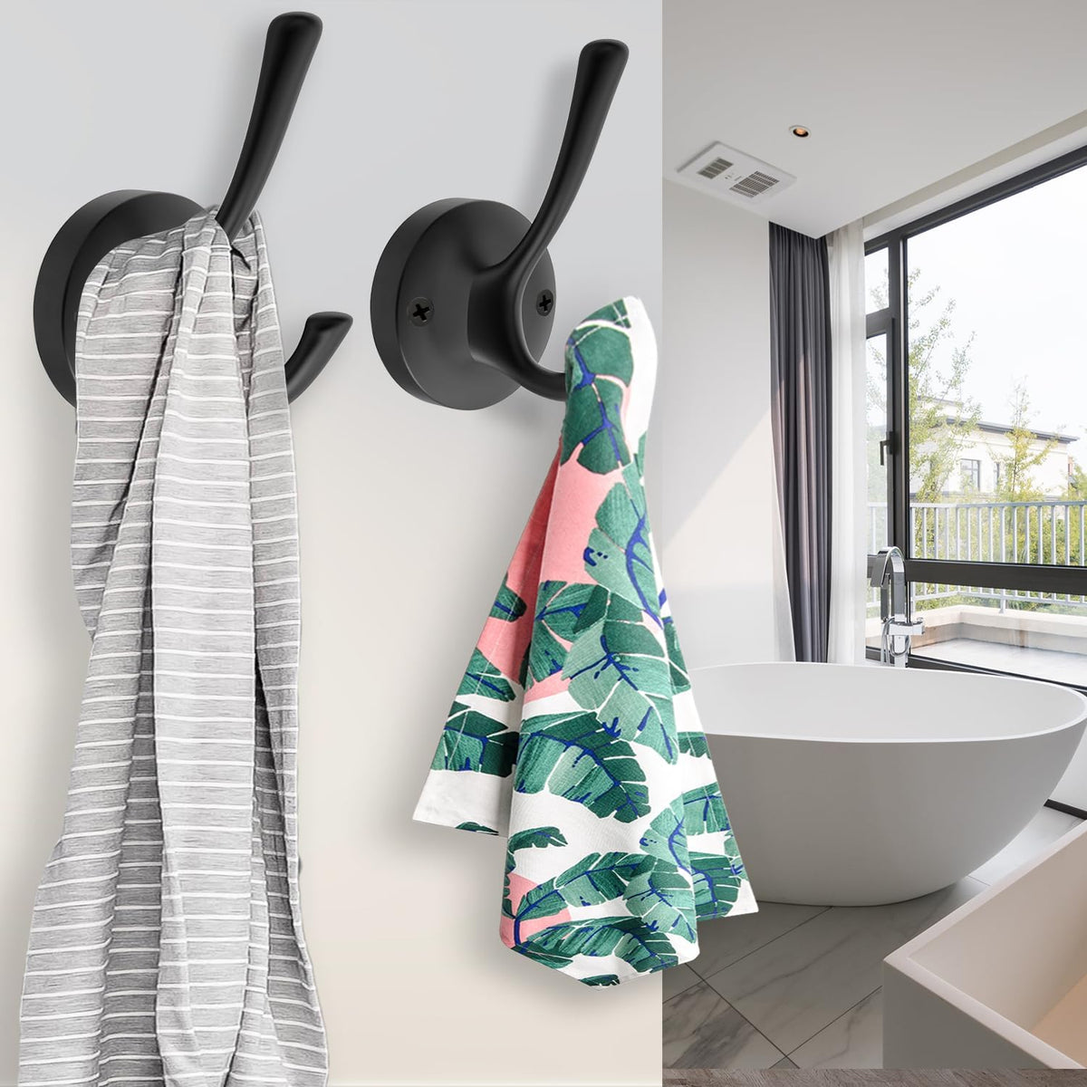 Black Towel Hooks, 2 Pack Coat Robe Hook Heavy Duty Metal Double Bathrobe Hook Wall Mounted, Hand Towels Hooks for Cubicle Bathroom Kitchen Closet Garage