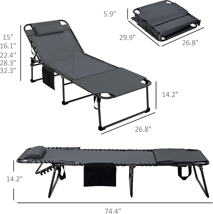 Outsunny 2 Piece Folding Chaise Lounge with 5-Level Reclining Back, Tanning Chair with Face Hole, Outdoor Lounge Chair with Side Pocket & Headrest for Beach, Yard, Patio, Gray