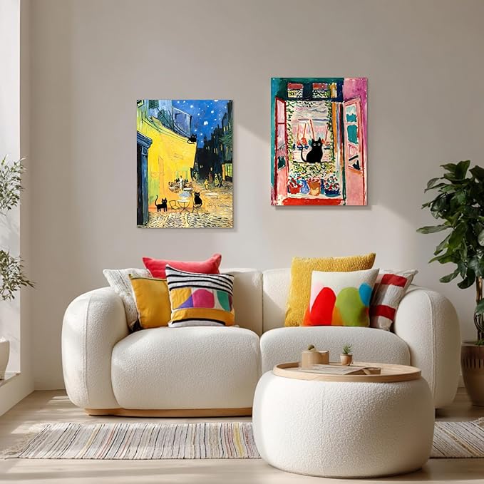 FASWQ Whimsical Black Cat Wall Art, Van Gogh Matisse Picasso Wall Decor, Funny Bathroom Canvas Paintings, Cute Animal Aesthetic Pictures for Living Room Kids' Room Framed Ready to Hang 12"x16"x3