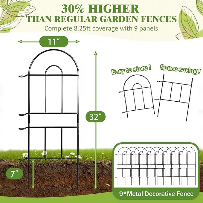 Garden Fence 32in(H) x 8.25ft(L), 9 Pack Rustproof Metal Garden Border Fence, No Dig Animal Barrier for Dog, Decorative Arched Flower Bed Edging Panels for Yard, Patio & Landscaping
