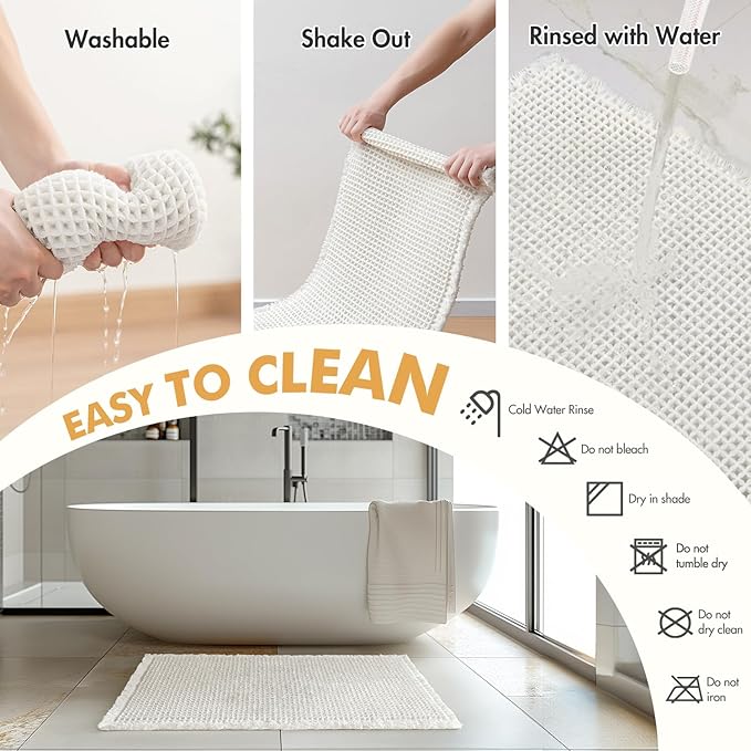 MIULEE Set of 2 Waffle Bathroom Runner Rugs, Boho Bath Rugs Non Slip Washable, Super Absorbent Runner Bath Mats, Rubber Backed Shower Mats for Hallway Bedroom Laundry Room, White, 2'x4'(24x48 Inch)