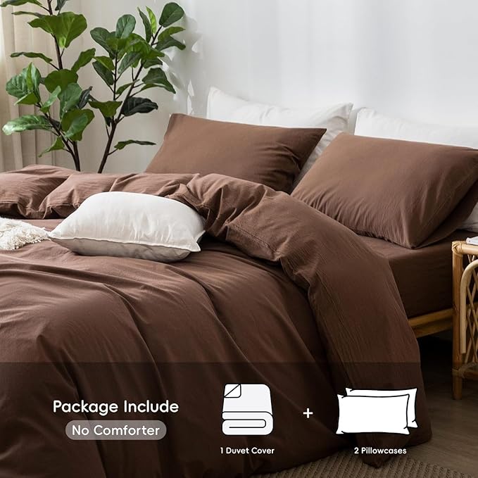 MooMee Bedding Duvet Cover Set 100% Washed Cotton Linen Like Textured Breathable Durable Soft Comfy (Solid Cocoa Brown, Super Queen 90"x98")