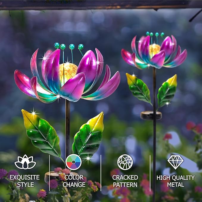 Solar Purple Metal Flower Wind Spinners, Colorful Spinning Windmill Lotus Yard Art Lights Wind Pinwheels with LED Crystal Ball Decorative Stake Lighting Flower Sculpture