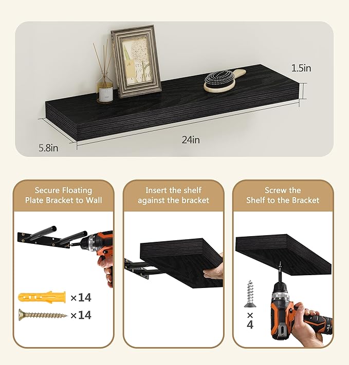 Vervida Black Floating Shelves for Wall, Floating Shelf for Living Room