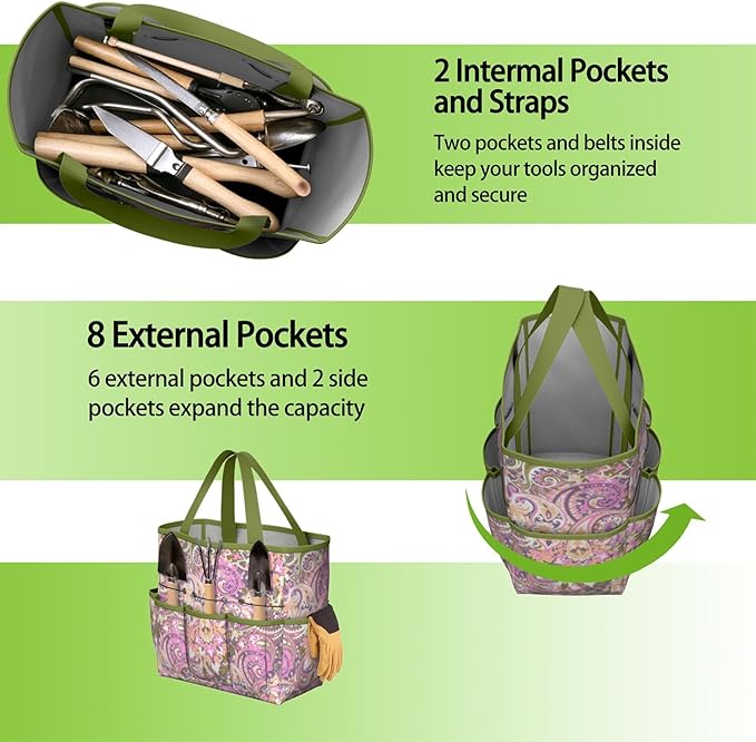 Paisley Garden Tool Bag - Waterproof Garden Tote with 8 Pockets, Large Storage Home Organizer Gardening Tool Oxford Bag for Garden Tools Kits Holder, Ideal Outdoor Gardening Gift for Women & Men
