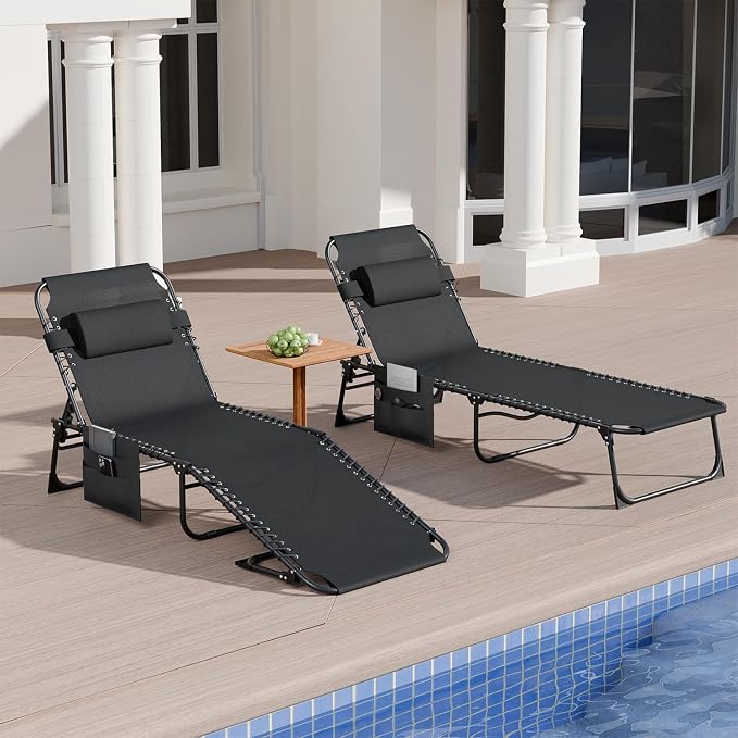 EBE Outdoor Lounge Chair Set of 2, Portable Patio Sun Tanning Chair with 4-Position Reclining Back, Pool Chaise Lounge Chair with Detachable Pillow and Side Pocket for Beach, Poolside, Black