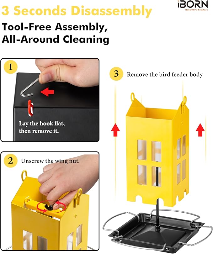 iBorn Bird Feeder House, Metal Bird Feeders for Outdoors Hanging,Double-Sided Metal Hanger & Weatherproof, Easy to Clean & Refill, 2.2 Lbs Capacity, Yellow