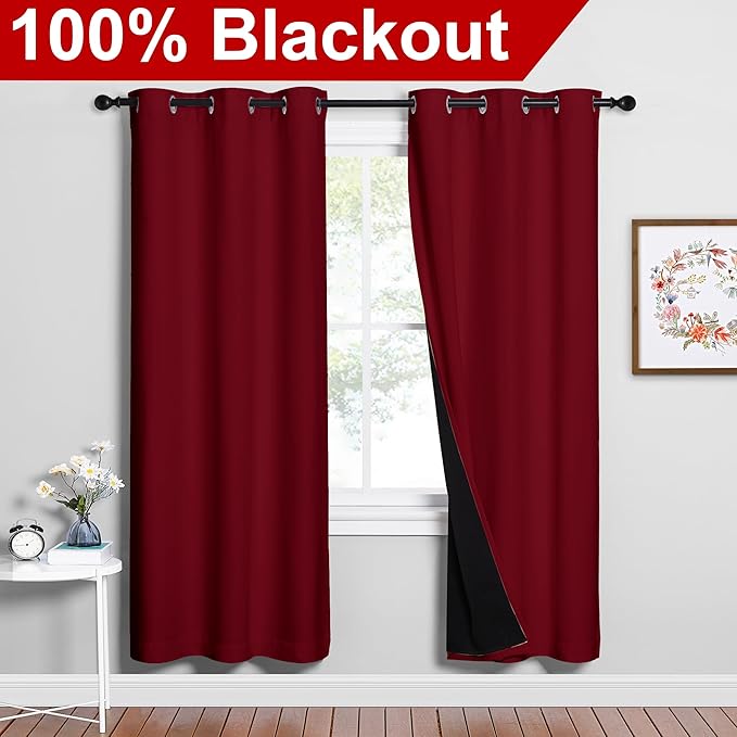 NICETOWN 100% Blackout Window Curtain Panels, Burgundy Red, 2 Pieces, 42-inch