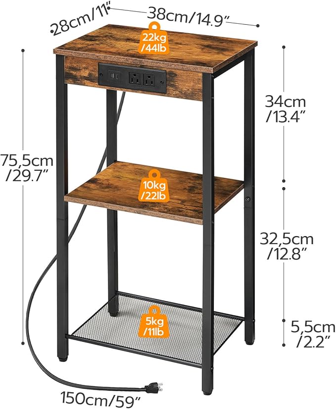 HOOBRO Tall End Tables with Charging Station, Set of 2, 30 Inch Tall Nightstands, 3-Tier Side Tables with Adjustable Storage Shelves, for Living Room, Bedroom, Hallway, Rustic Brown BF09UDHP201G1