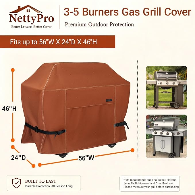 NettyPro BBQ Grill Cover 56 inch Heavy Duty Waterproof Outdoor 2-3 Burners Gas Grill Cover for Outside Weber, Char-Broil, Brinkmann, Nexgrill Barbecue, Brown