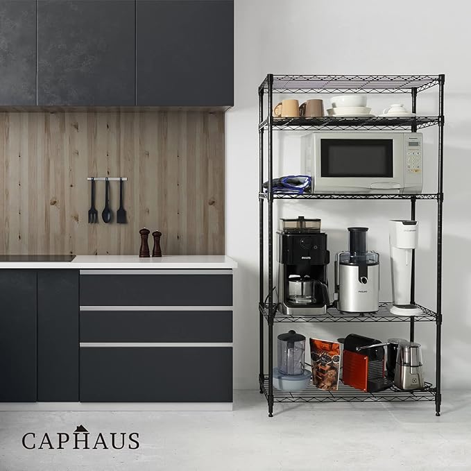 CAPHAUS NSF Adjustable Height Wire Shelving Unit w/Liner, Basement Storage Shelving, Metal Steel Storage Shelves, Garage Shelving Storage Organizer, Utility Shelf, 5-Tier W/Wheels W/Liners, Black