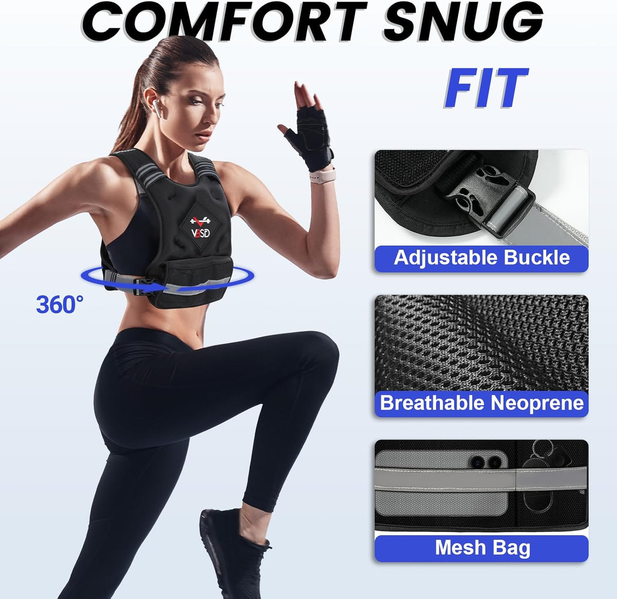 VBSD Adjustable Weighted Vest - 4-32lb Options with Reflective Strip for Running & Strength Training