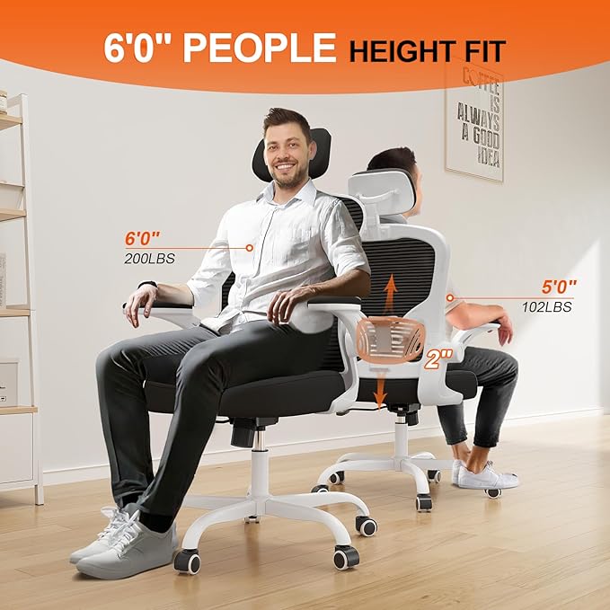 Synorla Office Chair Ergonomic Desk Chair, 330LBS Capacity, High Back Computer Design for Long Hours Comfort, Rolling Swivel Executive Task for Home Office with Flip-up Armrests (White Black)