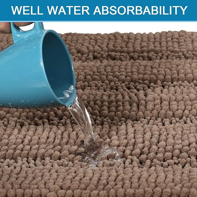 H.VERSAILTEX Bathroom Rugs Bath Rugs for Bathroom Non Slip Bath Mats Extra Thick Chenille Striped Rug 17" x 24" Absorbent Soft Shaggy Washable Dry Fast Bath Mats for Bath Room Floor - Taupe Brown