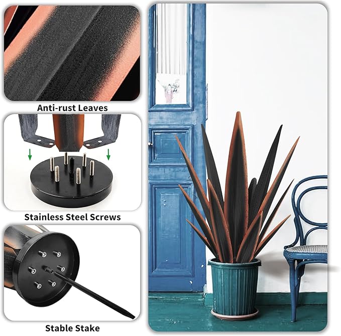 KODIBO Large Tequila Rustic Sculpture, Rustic Metal Agave Plants for Outdoor Patio Yard, Home Decor Hand Painted Metal Agave Garden Yard Statue, Outdoor Lawn Ornaments Yard Stakes (Black -L)
