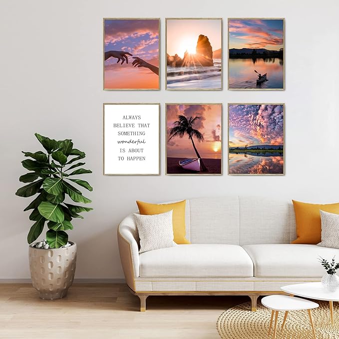 HoozGee Sunset Wall Art Prints Travel Photo Set of 6 Enjoy Dusk Dream View Picture Posters Gift for Photography Fans Nautical Themed Home Decor for Living Room Wall Decor (8"x10" UNFRAMED)