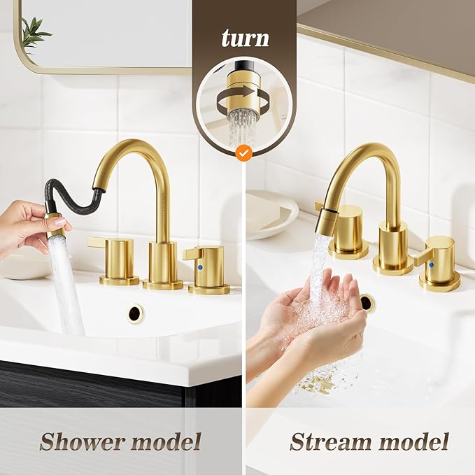 Phiestina Pull Down Sprayer Brushed Gold 8 Inch Bathroom Sink Faucet, 2 Handles 3 Hole Widespread Pull Out Bathroom Faucet，with Pop Up Drain and Water Supply Line,BF04022-K01-BG