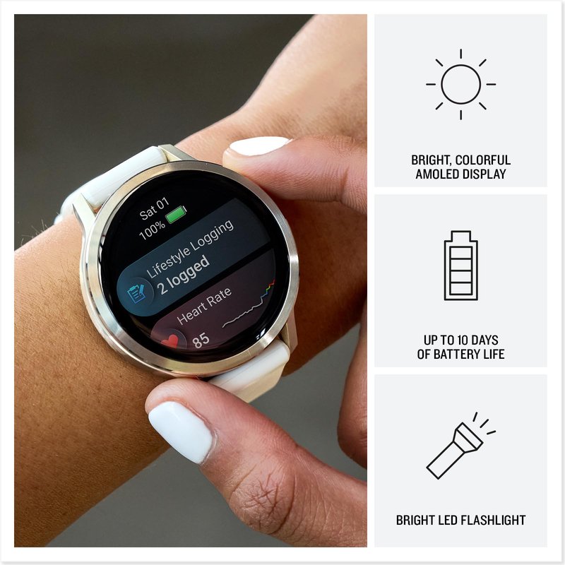 Garmin Venu 4, 41mm, Advanced Fitness and Multisport Tracker GPS Smartwatch, 1.2" AMOLED Display, Built-in Flashlight, 10 Days of Battery Life, Lunar Gold with Bone Silicone Band (Watch Bundle)