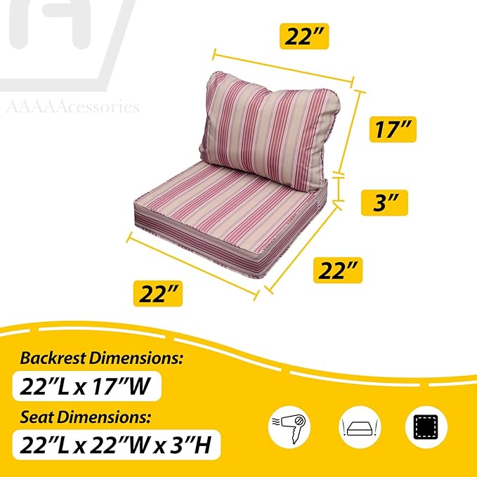 AAAAAcessories Outdoor Seat Cushions for Chairs, Fade-Resistant, Waterproof Patio Furniture Replacement Cushions, 22" x 22" x 3" + 22" x 17", Dusty Rose Garden Stripe