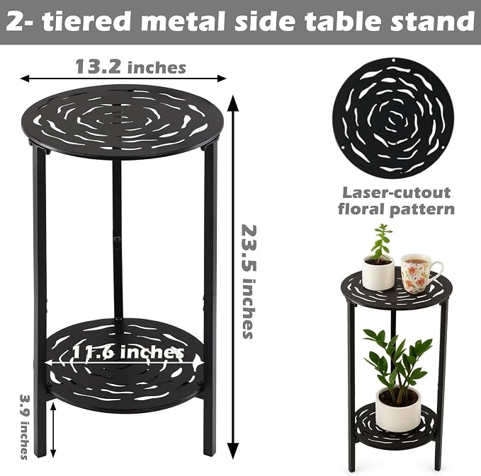 2-Tier Metal Round Side Table Black Accent Coffee Tables Small Space Corner Plant Stand Shelf for Indoor Outdoor Use Patio Balcony End Table Laser-Cut Floral Pattern Weather-Resistant