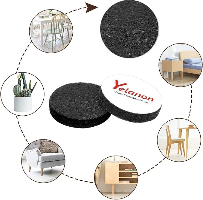 Yelanon Felt Furniture Pads -182 Pcs Premium Felt Pads for Chair Legs Furniture, Floor Protectors for Hardwood Floors, Black
