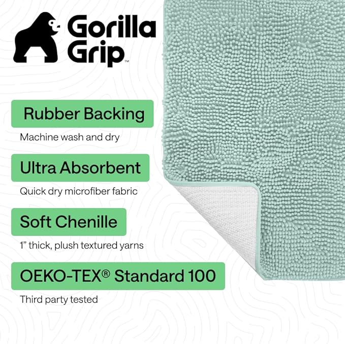GORILLA GRIP Bath Rug Mat 60x24, Soft Absorbent Chenille, Quick Dry Microfiber Mats, Rubber Backing Washable Shower Floor Rugs, Bathmat Runner, US Designed Bathroom Home Decor Accessories Seablue
