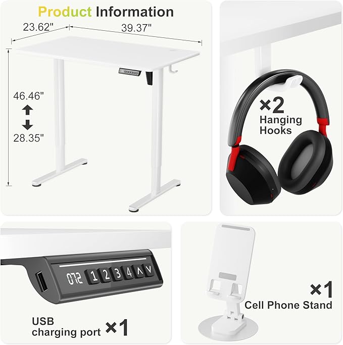 Furmax Electric Standing Desk, 40 x 24 Inches Sit Stand up Desk, Sit Stand Height Adjustable Home Office Desk with 4 Height Position Memory - with Splice Board (White, 40)